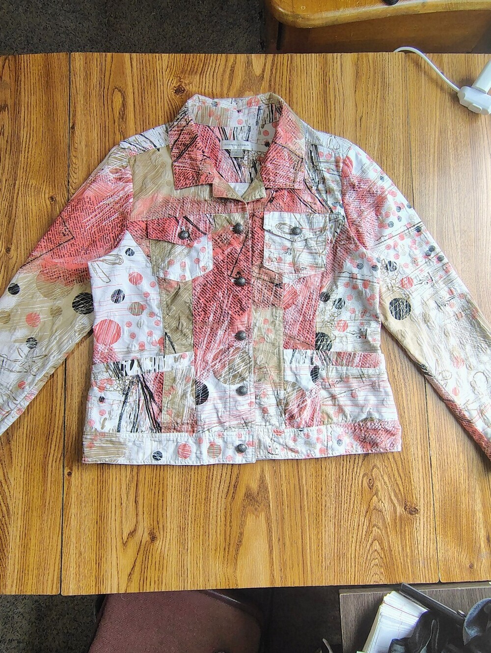 Christopher Banks abstract print button-front denim jacket Coral Cream sz M. - Picture 2 of 11